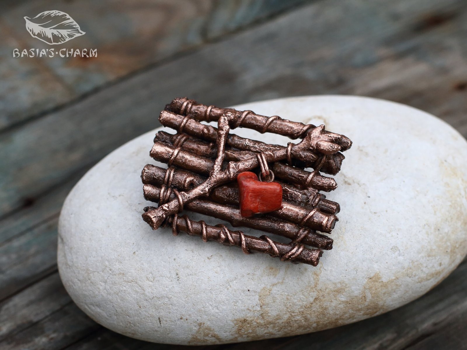 Oak Branches with Coral Heart Brooch