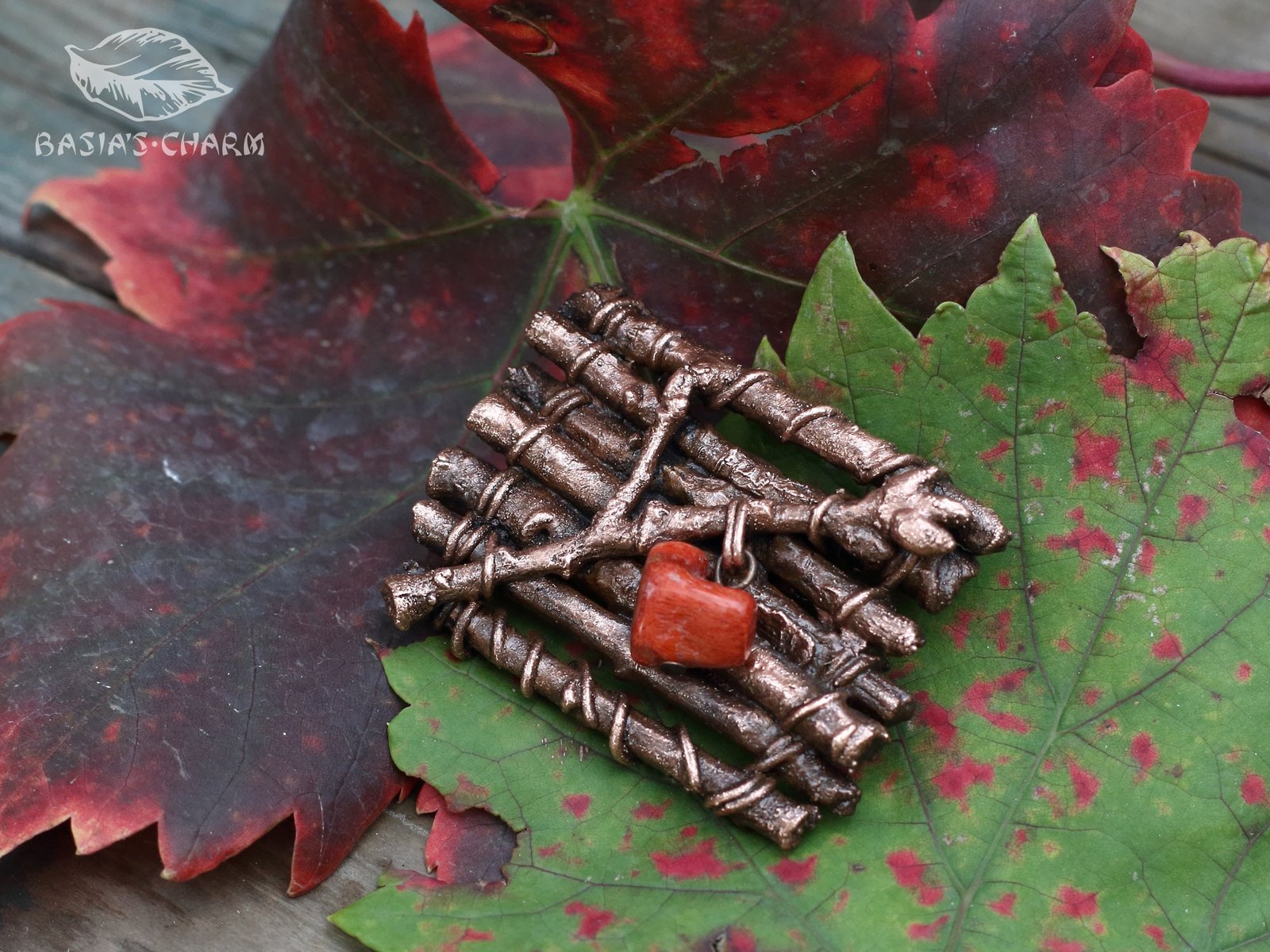 Oak Branches with Coral Heart Brooch - Image 2