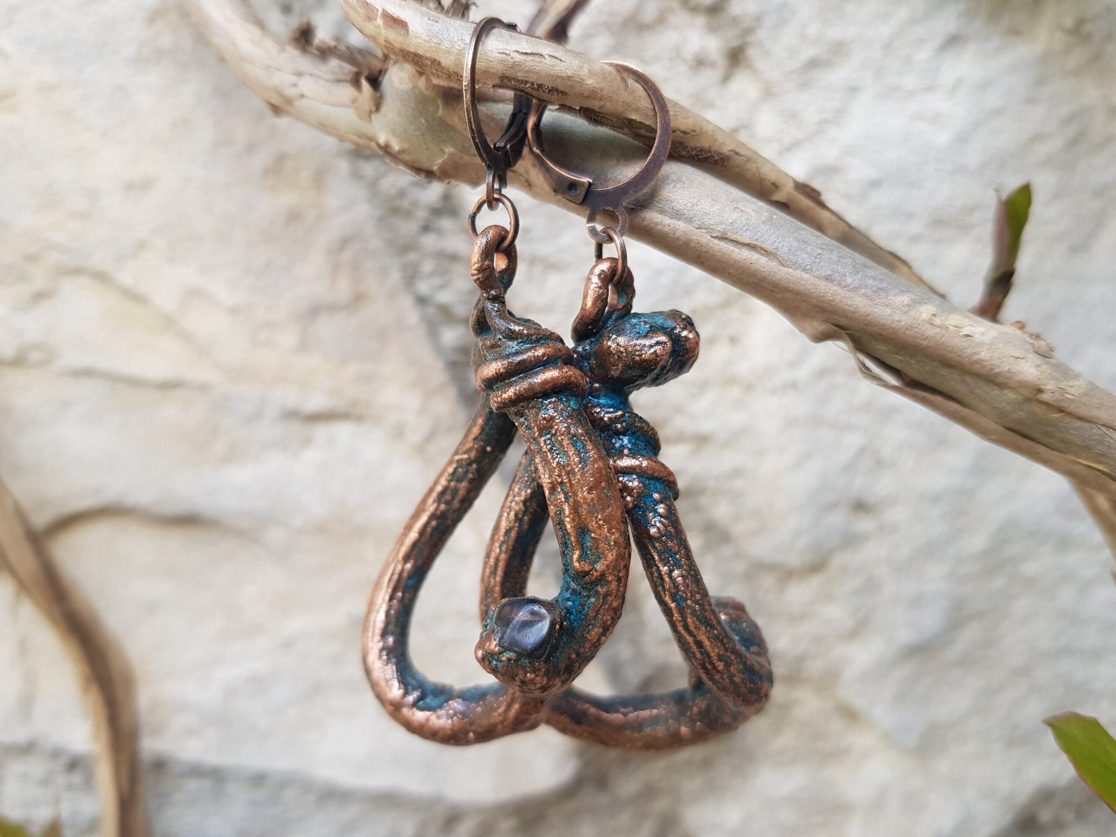 Very Unusual Asymmetrical Earrings with Kiwi Shoots and Three Quartz