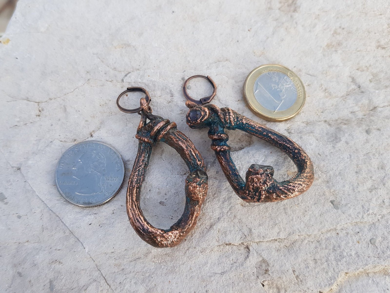 Very Unusual Asymmetrical Earrings with Kiwi Shoots and Three Quartz - Image 5