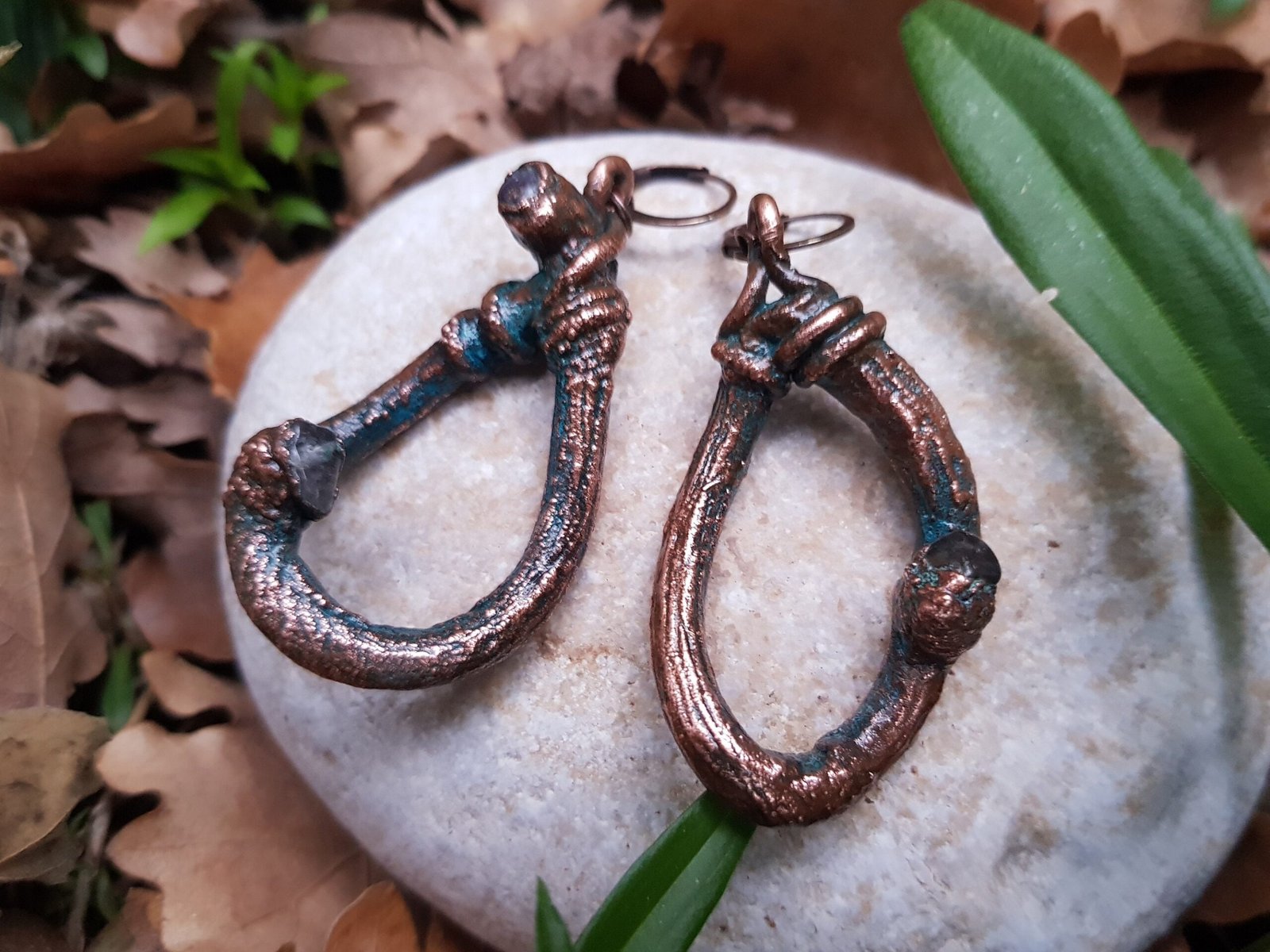 Very Unusual Asymmetrical Earrings with Kiwi Shoots and Three Quartz - Image 6